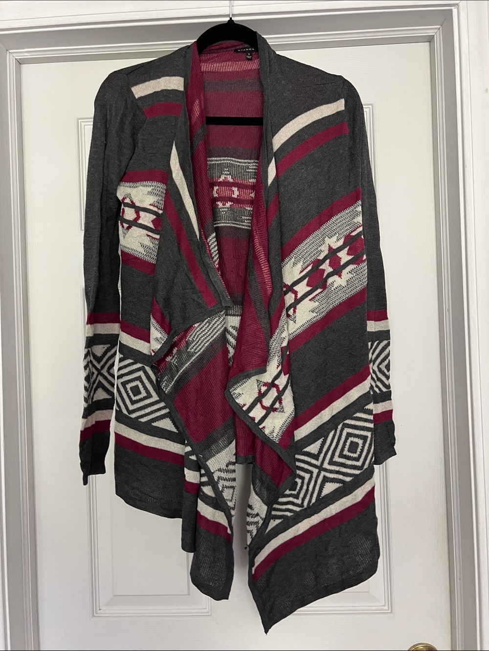 Staccato Gray & Burgundy Geometric Draped Cardigan